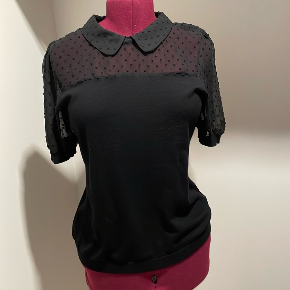 Black short sleeve, sweater top with see-through detailing at neckline, sleeves.
